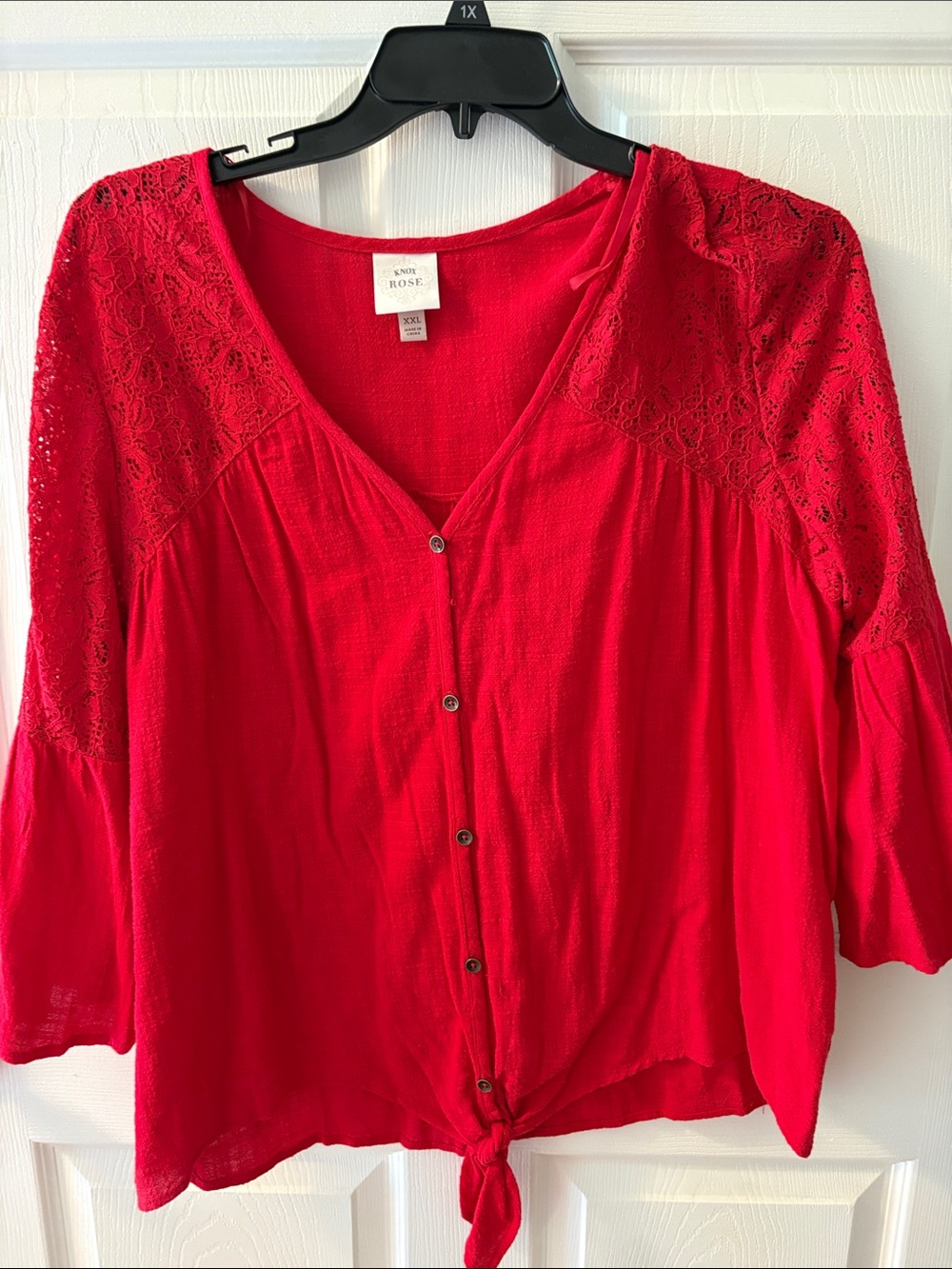 Knox Rose Red Lace-Yoke Button Front Tie Hem Blouse
